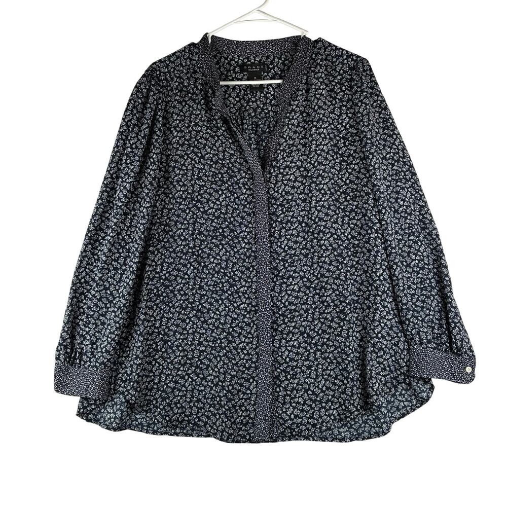 Grace The Perfect Fit Floral Button-Up Blouse Woman 1X Navy Career Date Night